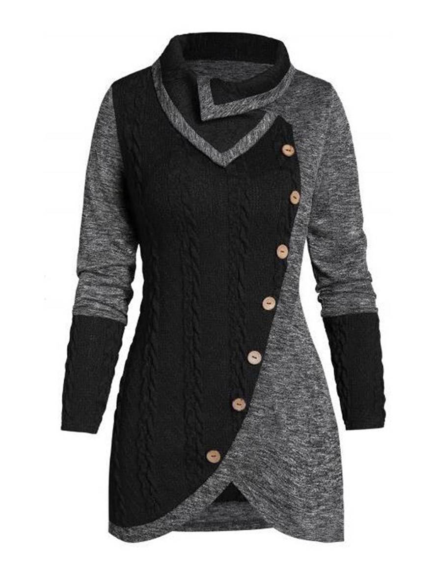 Heidi-Mode | Pullover Unregelmäßig Farbblock Knopf Langer Ärmel Damen Elegant Lässig Mode Casual