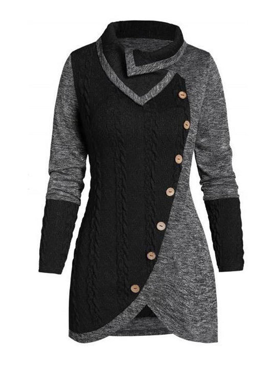 Heidi-Mode | Pullover Unregelmäßig Farbblock Knopf Langer Ärmel Damen Elegant Lässig Mode Casual