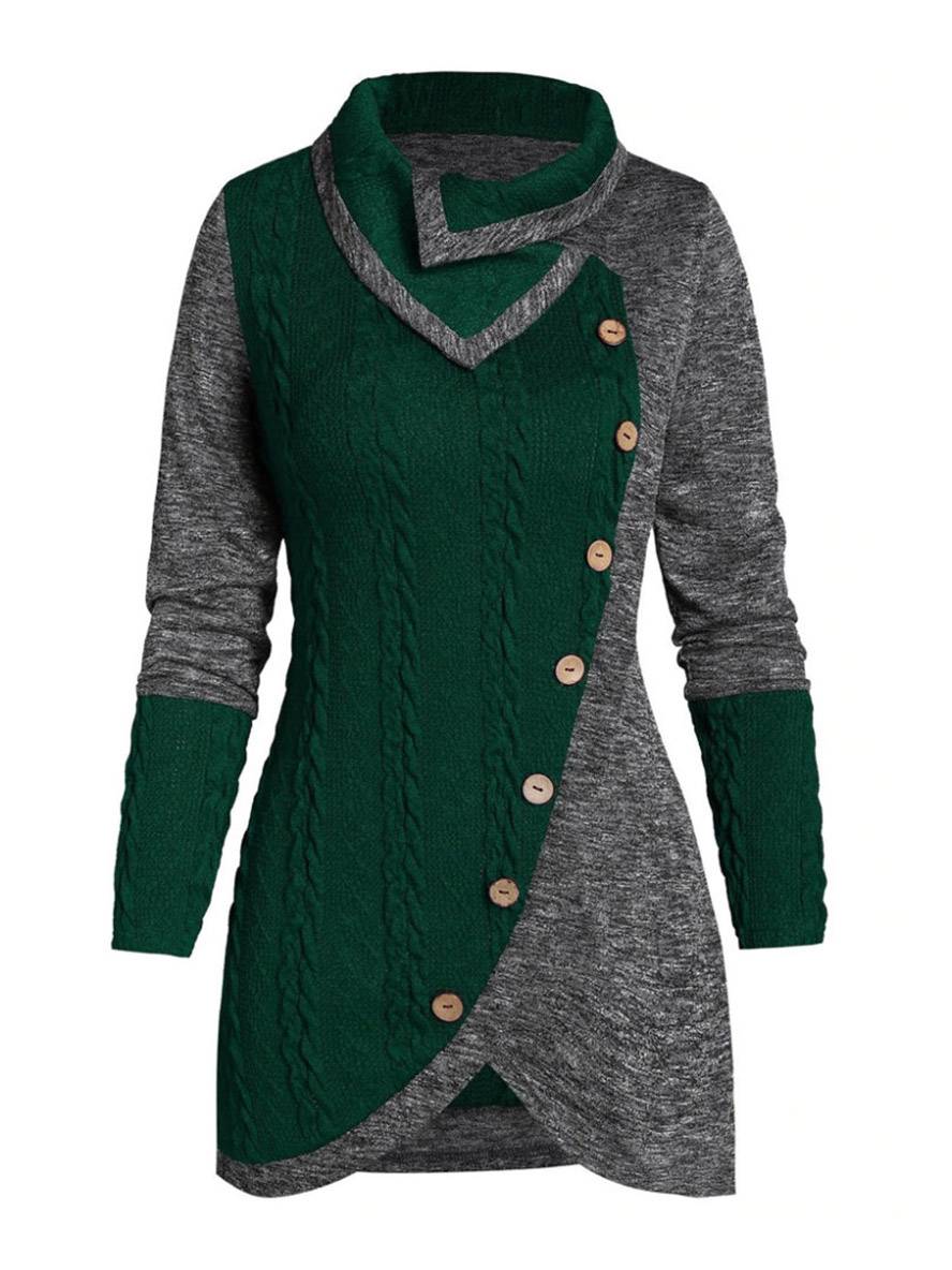 Heidi-Mode | Pullover Unregelmäßig Farbblock Knopf Langer Ärmel Damen Elegant Lässig Mode Casual