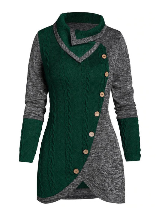 Heidi-Mode | Pullover Unregelmäßig Farbblock Knopf Langer Ärmel Damen Elegant Lässig Mode Casual