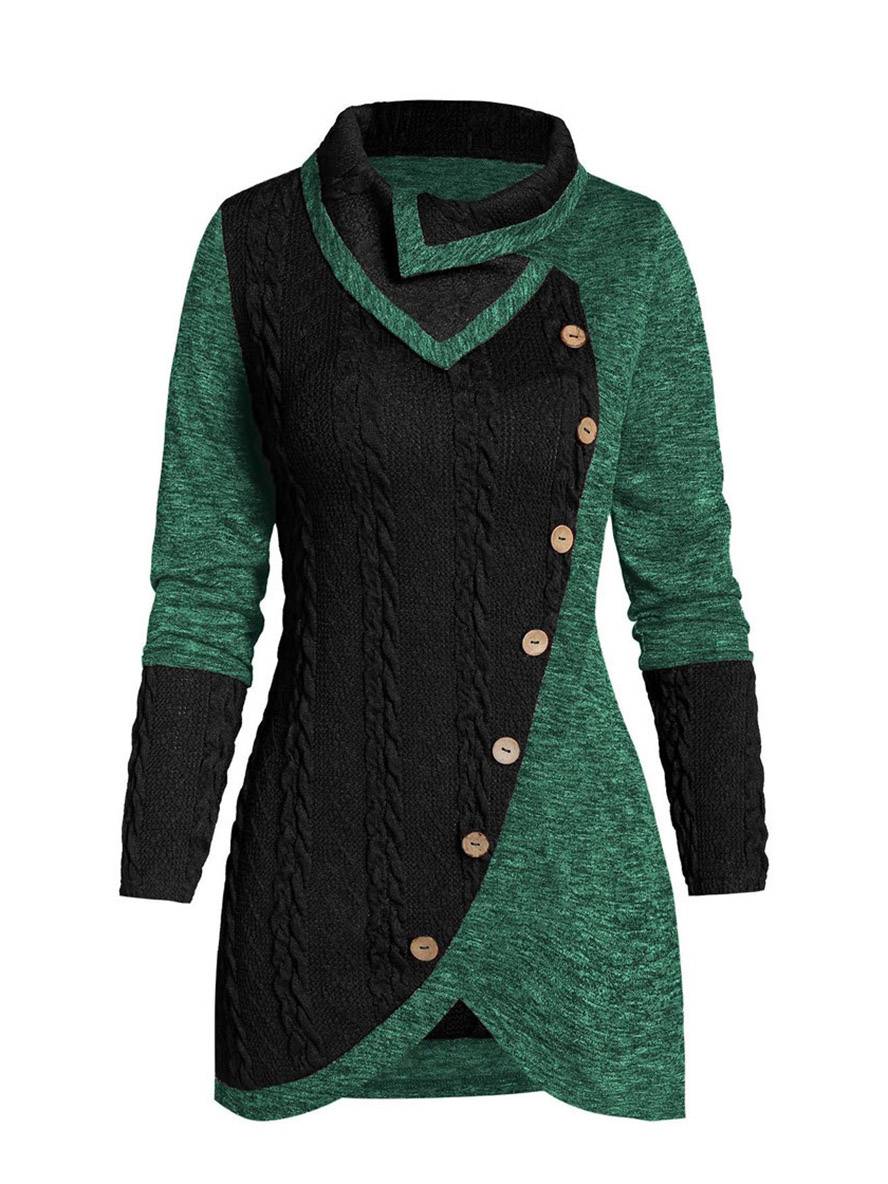 Heidi-Mode | Pullover Unregelmäßig Farbblock Knopf Langer Ärmel Damen Elegant Lässig Mode Casual