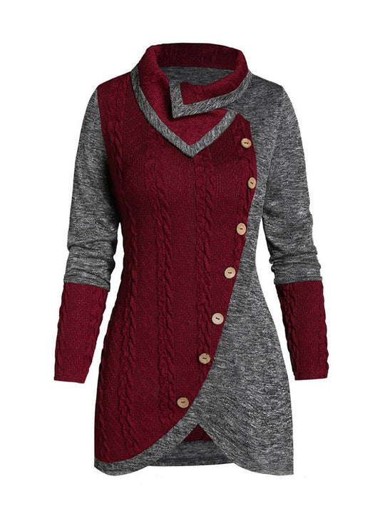 Heidi-Mode | Pullover Unregelmäßig Farbblock Knopf Langer Ärmel Damen Elegant Lässig Mode Casual