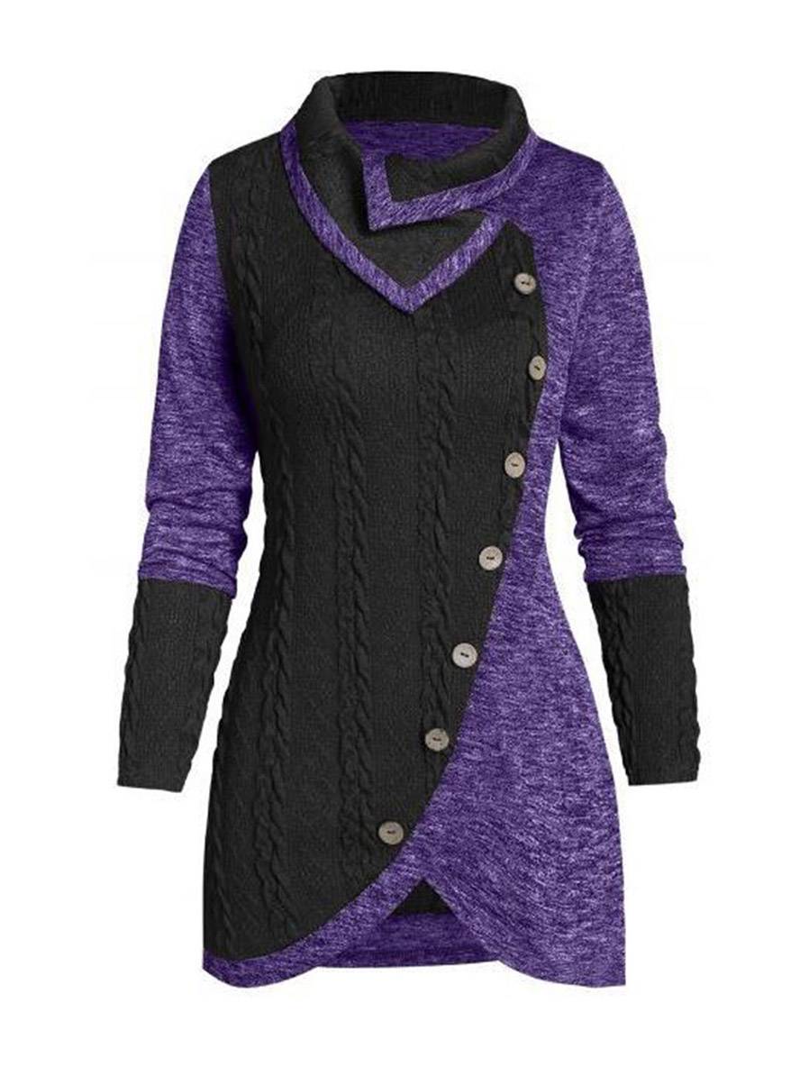 Heidi-Mode | Pullover Unregelmäßig Farbblock Knopf Langer Ärmel Damen Elegant Lässig Mode Casual