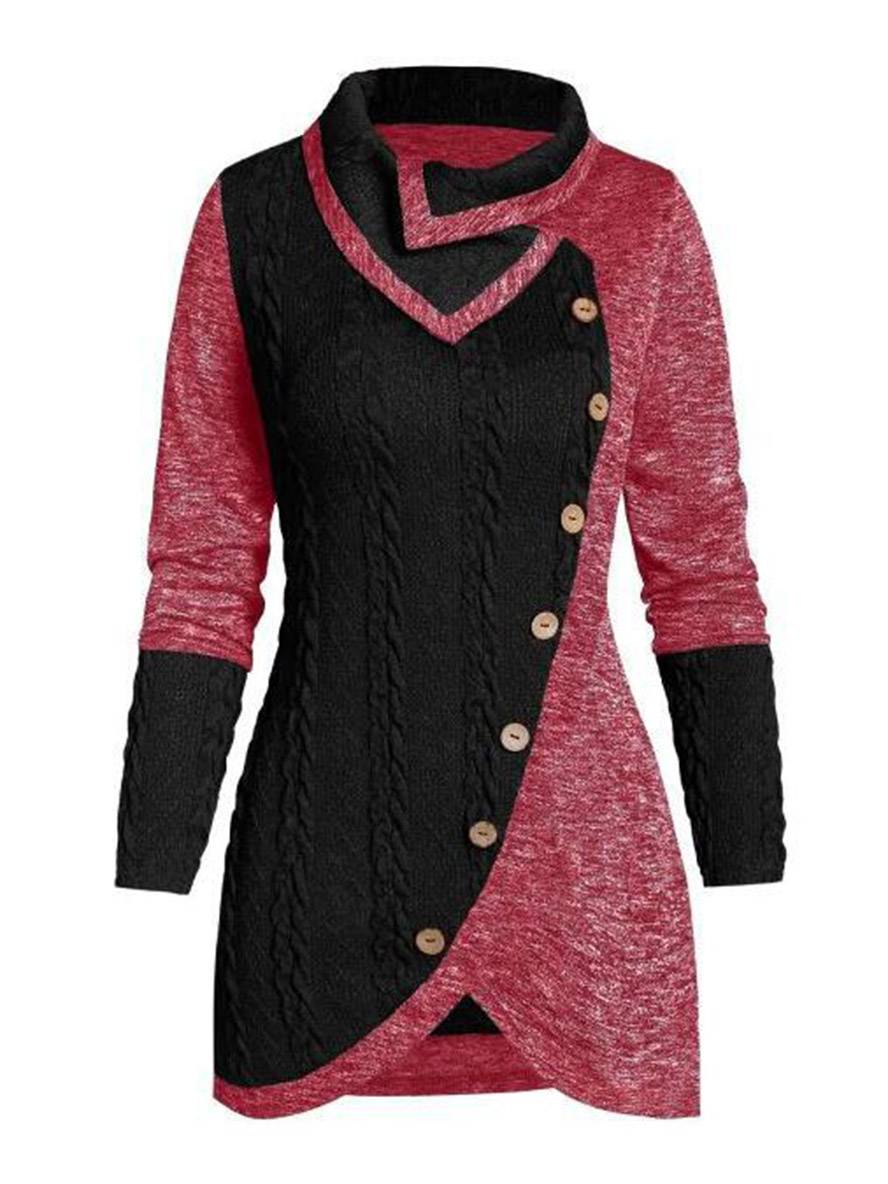 Heidi-Mode | Pullover Unregelmäßig Farbblock Knopf Langer Ärmel Damen Elegant Lässig Mode Casual