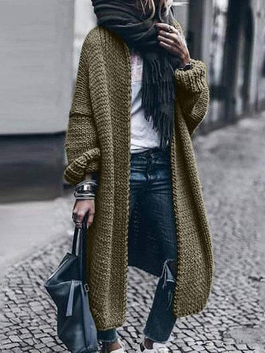 Heidi-Mode | Langer Cardigan aus Dickem Strick Einfarbig mit Langen Ärmeln für Frauen Oversized Grau