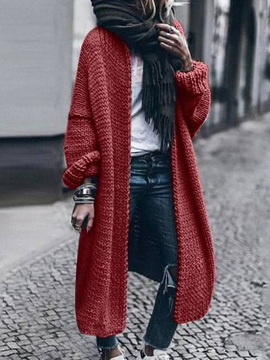 Heidi-Mode | Langer Cardigan aus Dickem Strick Einfarbig mit Langen Ärmeln für Frauen Oversized Grau