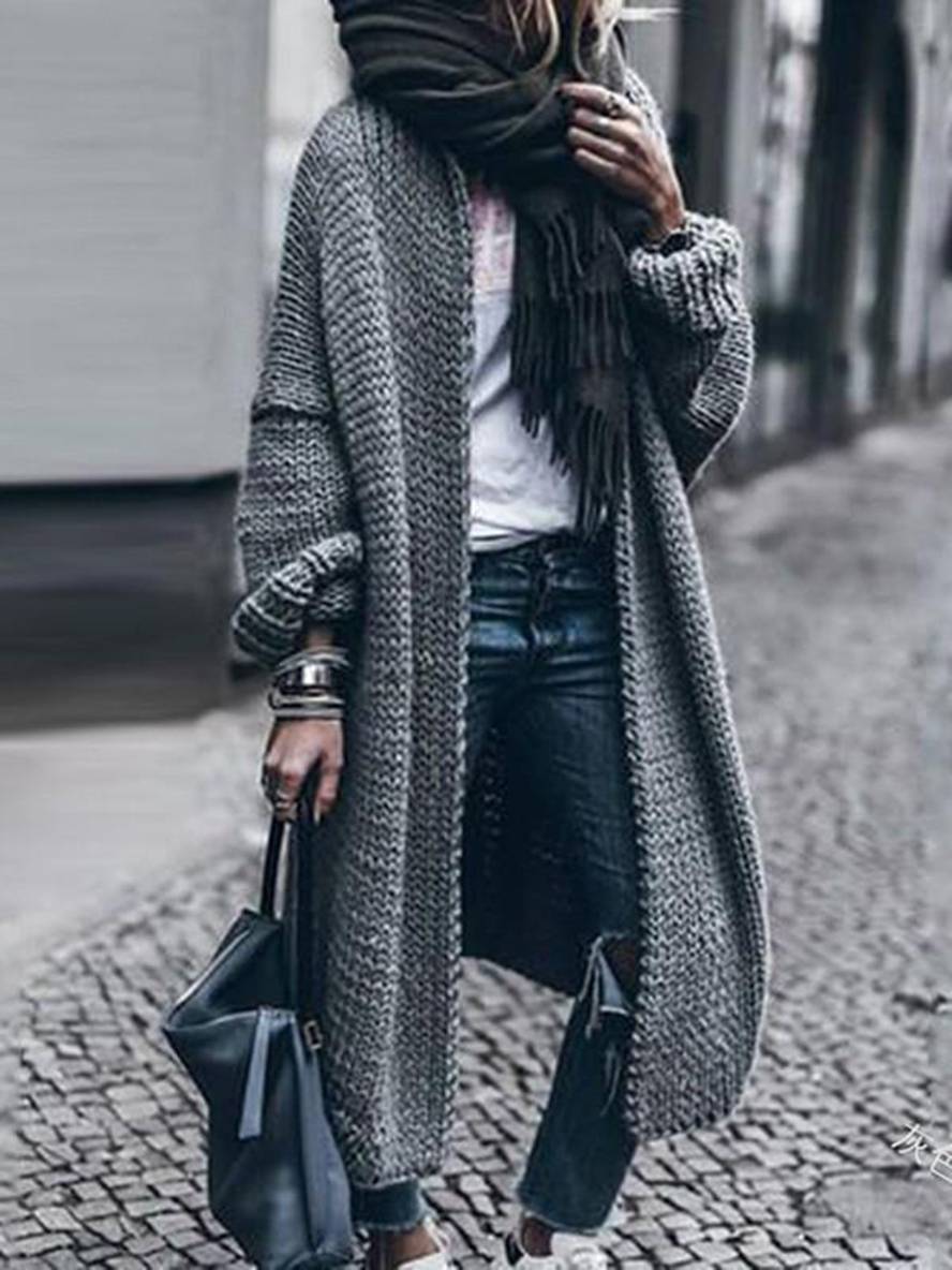 Heidi-Mode | Langer Cardigan aus Dickem Strick Einfarbig mit Langen Ärmeln für Frauen Oversized Grau
