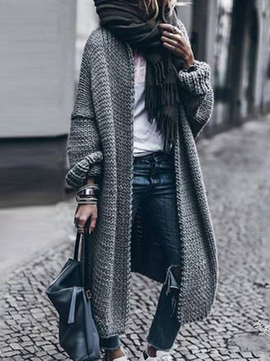 Heidi-Mode | Langer Cardigan aus Dickem Strick Einfarbig mit Langen Ärmeln für Frauen Oversized Grau