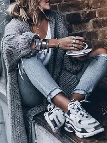 Heidi-Mode | Langer Cardigan aus Dickem Strick Einfarbig mit Langen Ärmeln für Frauen Oversized Grau