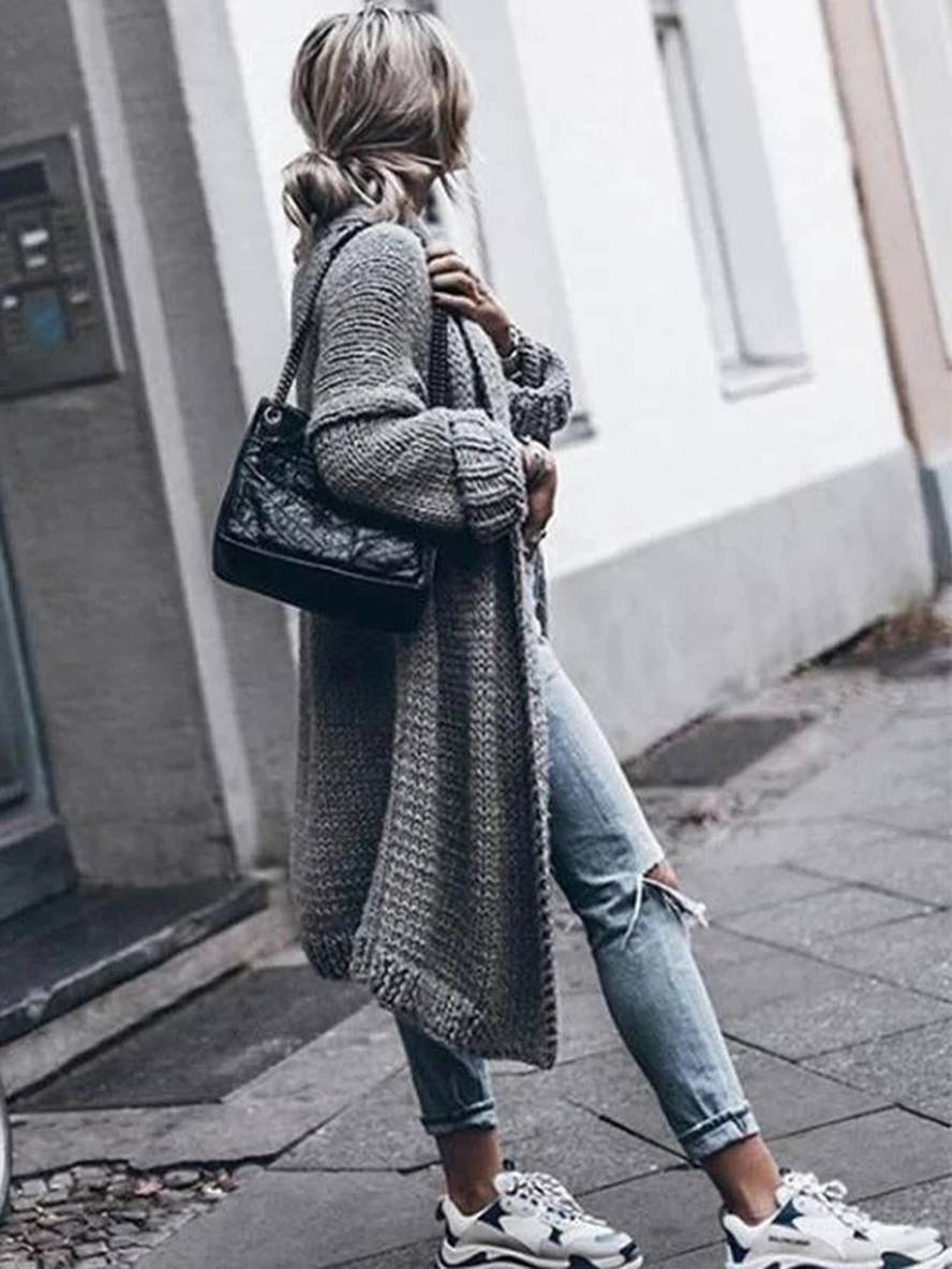 Heidi-Mode | Langer Cardigan aus Dickem Strick Einfarbig mit Langen Ärmeln für Frauen Oversized Grau