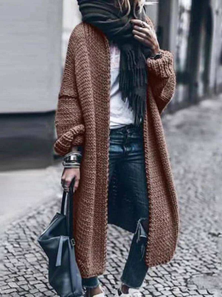 Heidi-Mode | Langer Cardigan aus Dickem Strick Einfarbig mit Langen Ärmeln für Frauen Oversized Grau