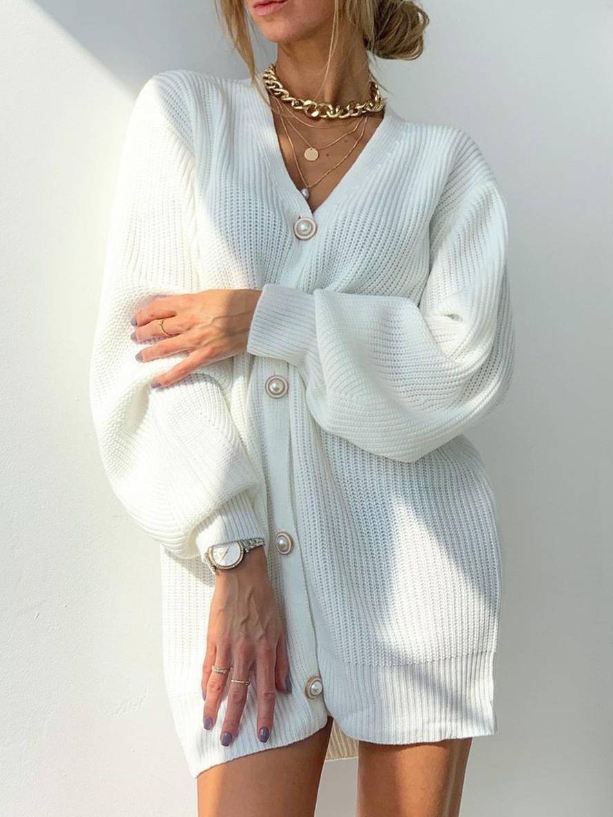 Heidi-Mode | Cardigans Unifarben V-Ausschnitt Perlenknopf Taschen Bischofärmel Damen Lässig Weit Oversized Pullover