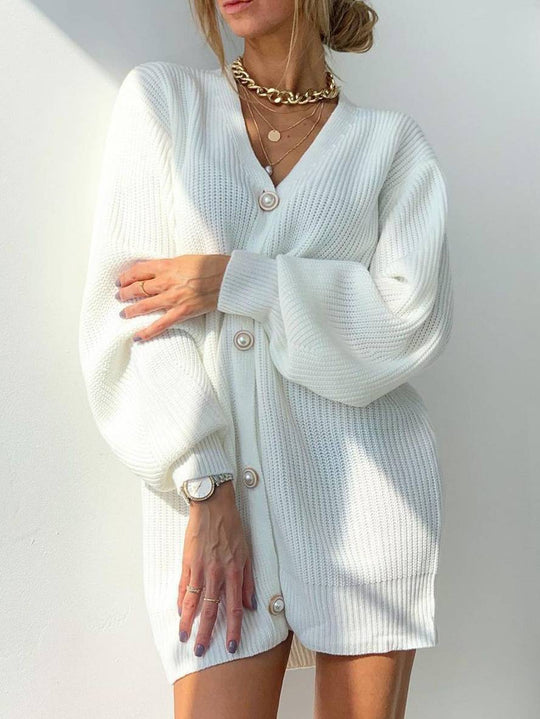 Heidi-Mode | Cardigans Unifarben V-Ausschnitt Perlenknopf Taschen Bischofärmel Damen Lässig Weit Oversized Pullover