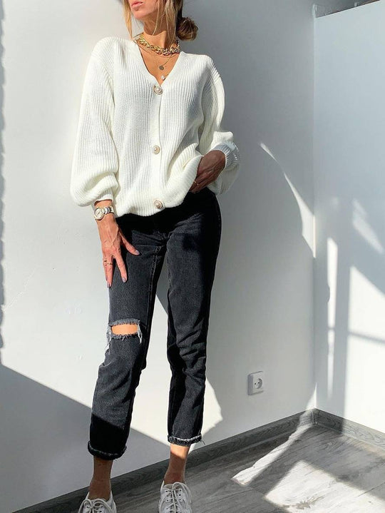Heidi-Mode | Cardigans Unifarben V-Ausschnitt Perlenknopf Taschen Bischofärmel Damen Lässig Weit Oversized Pullover