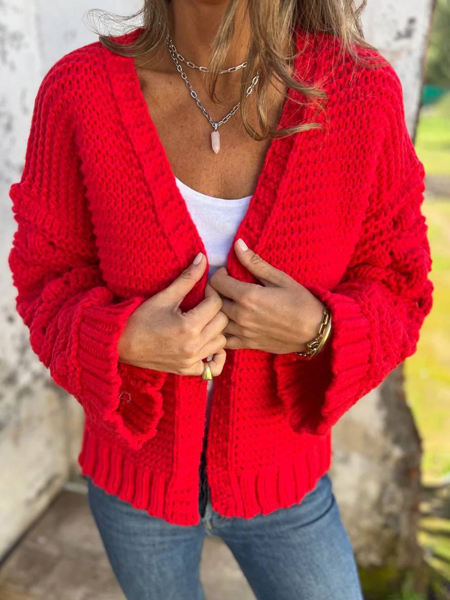 Heidi-Mode | Strickjacke mit Großen Maschen Lange Ärmel Damen Elegant Lässig Locker Oversized Jacke
