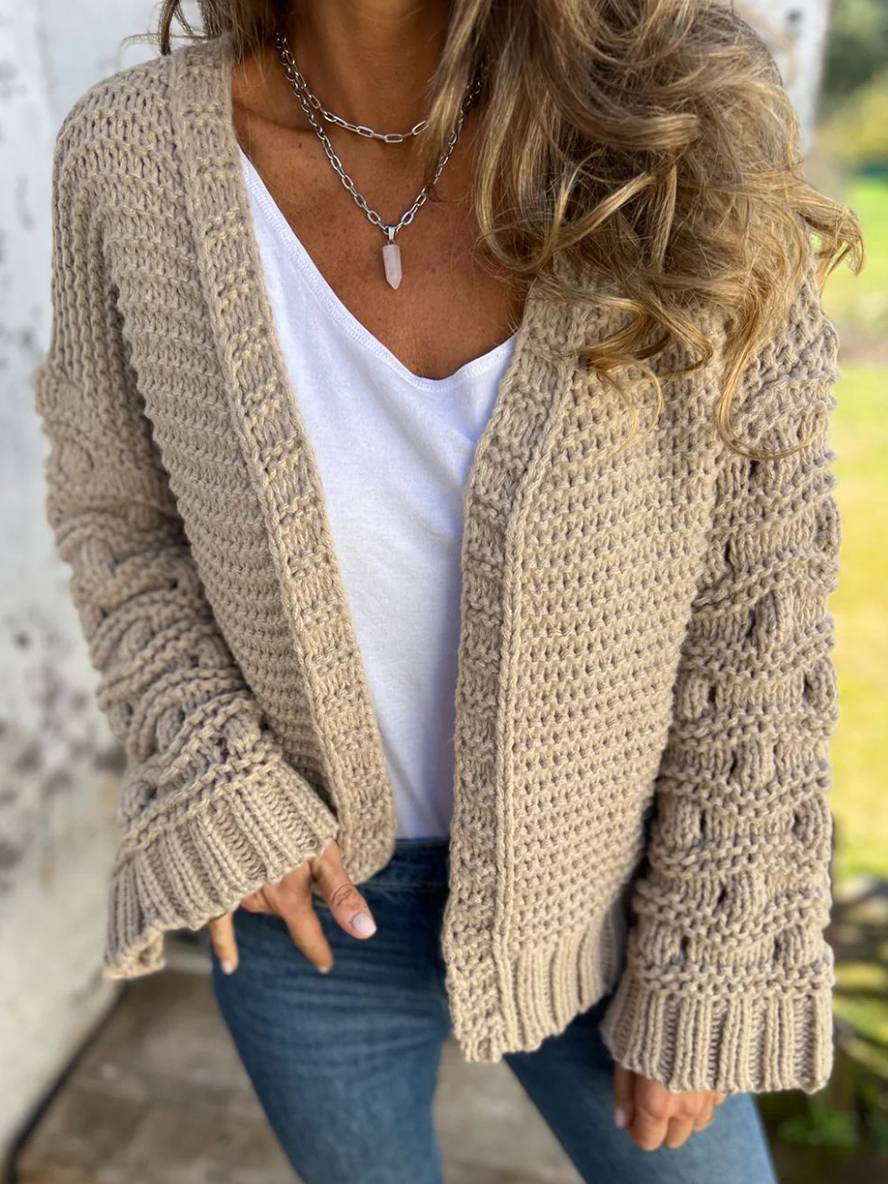 Heidi-Mode | Strickjacke mit Großen Maschen Lange Ärmel Damen Elegant Lässig Locker Oversized Jacke
