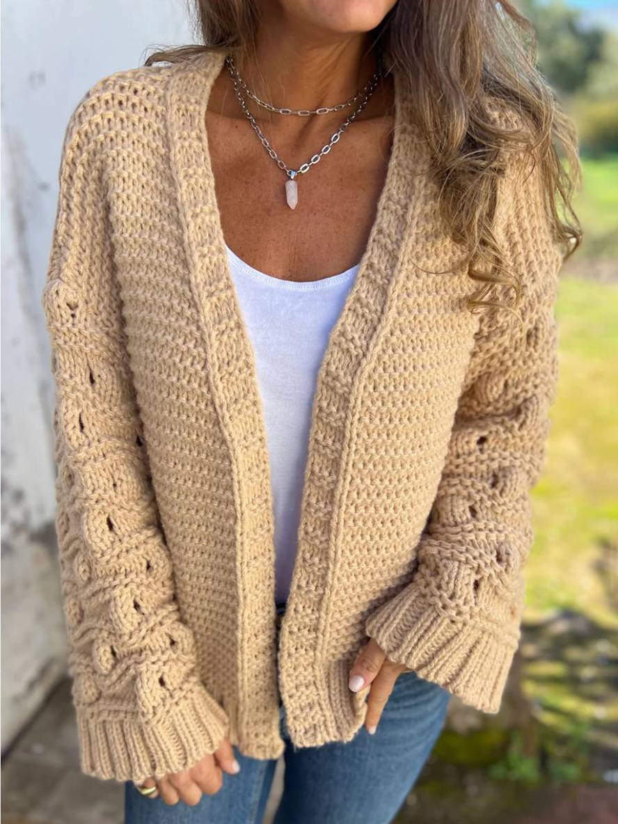 Heidi-Mode | Strickjacke mit Großen Maschen Lange Ärmel Damen Elegant Lässig Locker Oversized Jacke