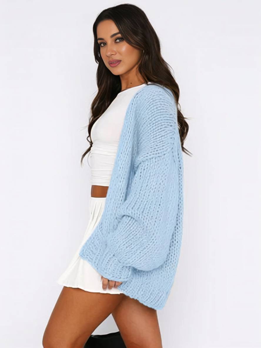 Heidi-Mode | Cardigan aus Grobstrick Einfarbig mit Abfallenden Schultern Langarm Damen Elegant Lässig Weit Oversized Blouson