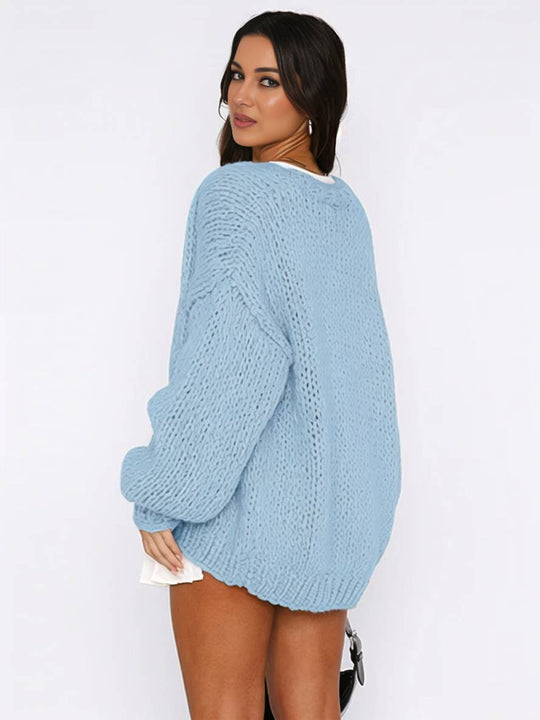 Heidi-Mode | Cardigan aus Grobstrick Einfarbig mit Abfallenden Schultern Langarm Damen Elegant Lässig Weit Oversized Blouson