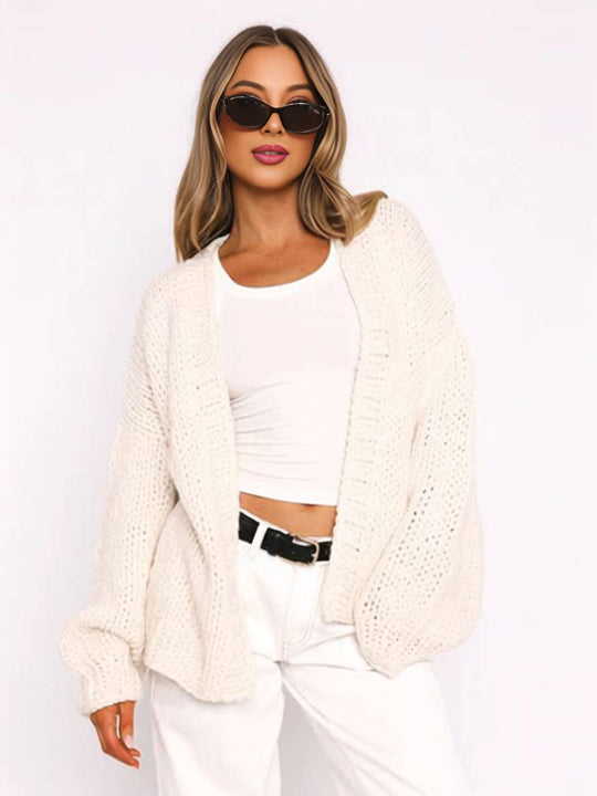 Heidi-Mode | Cardigan aus Grobstrick Einfarbig mit Abfallenden Schultern Langarm Damen Elegant Lässig Weit Oversized Blouson