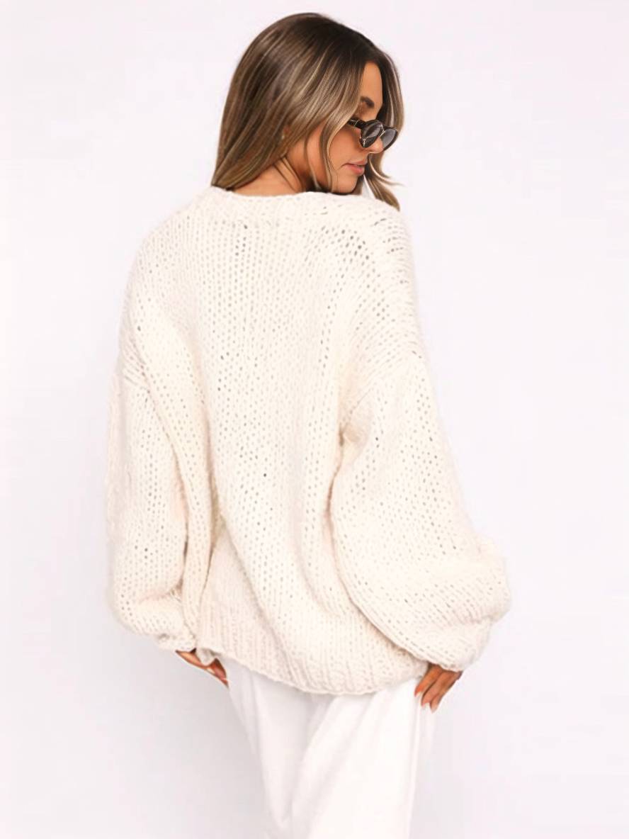 Heidi-Mode | Cardigan aus Grobstrick Einfarbig mit Abfallenden Schultern Langarm Damen Elegant Lässig Weit Oversized Blouson