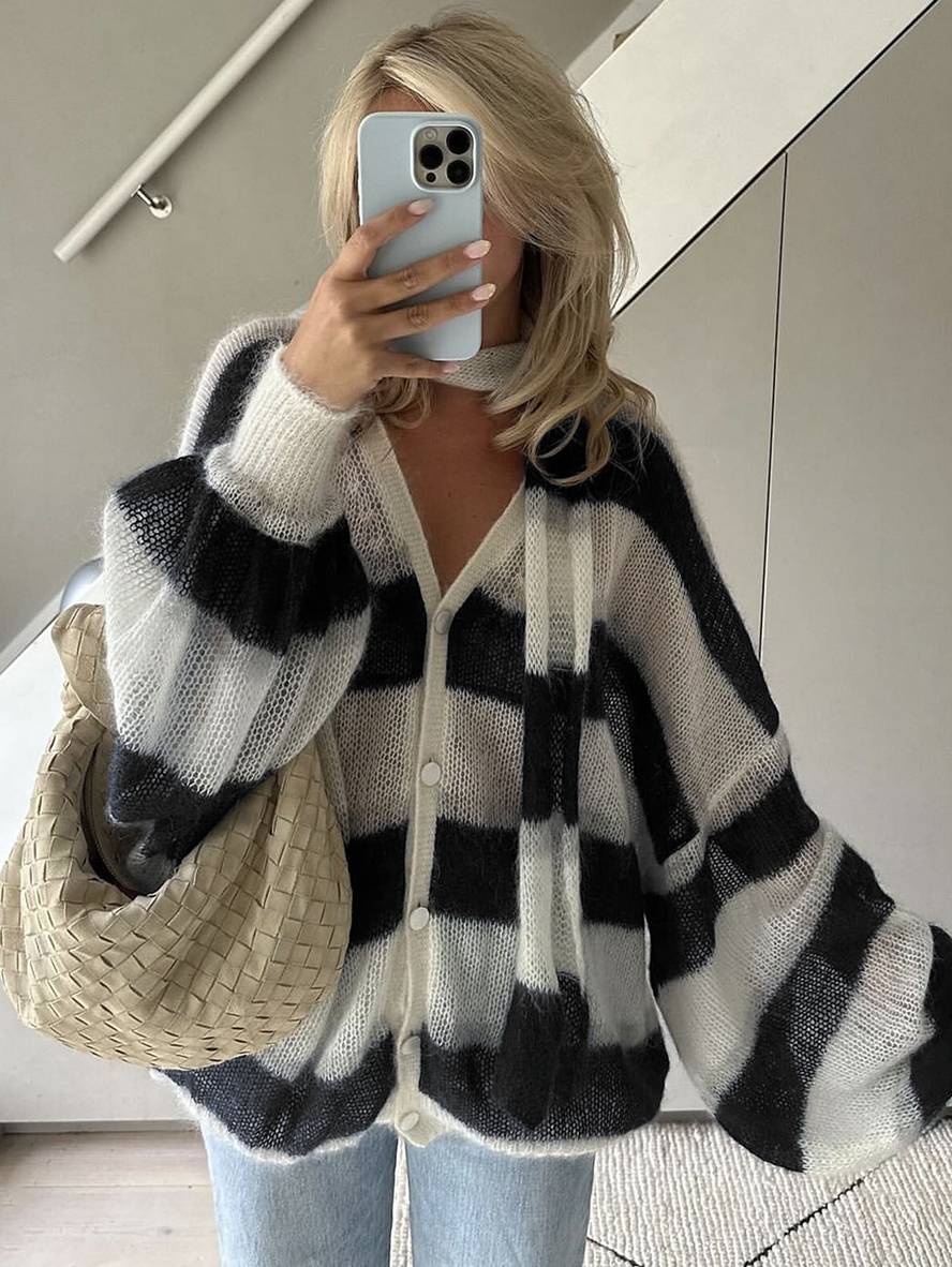 Heidi-Mode | Pullover Cardigans Gestreift Knopfleiste Taschen V-Ausschnitt Langarm Damen Elegant Lässig Weit