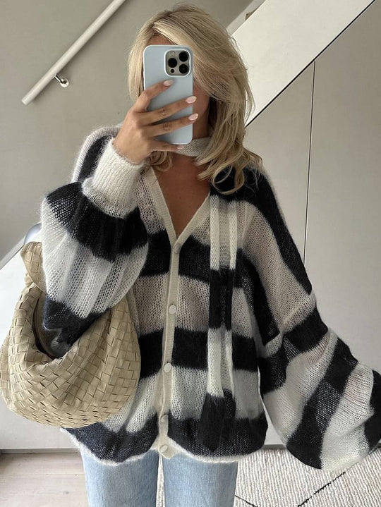 Heidi-Mode | Pullover Cardigans Gestreift Knopfleiste Taschen V-Ausschnitt Langarm Damen Elegant Lässig Weit