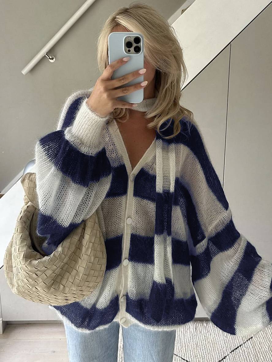 Heidi-Mode | Pullover Cardigans Gestreift Knopfleiste Taschen V-Ausschnitt Langarm Damen Elegant Lässig Weit