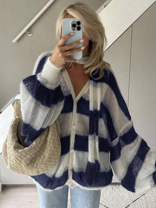 Heidi-Mode | Pullover Cardigans Gestreift Knopfleiste Taschen V-Ausschnitt Langarm Damen Elegant Lässig Weit