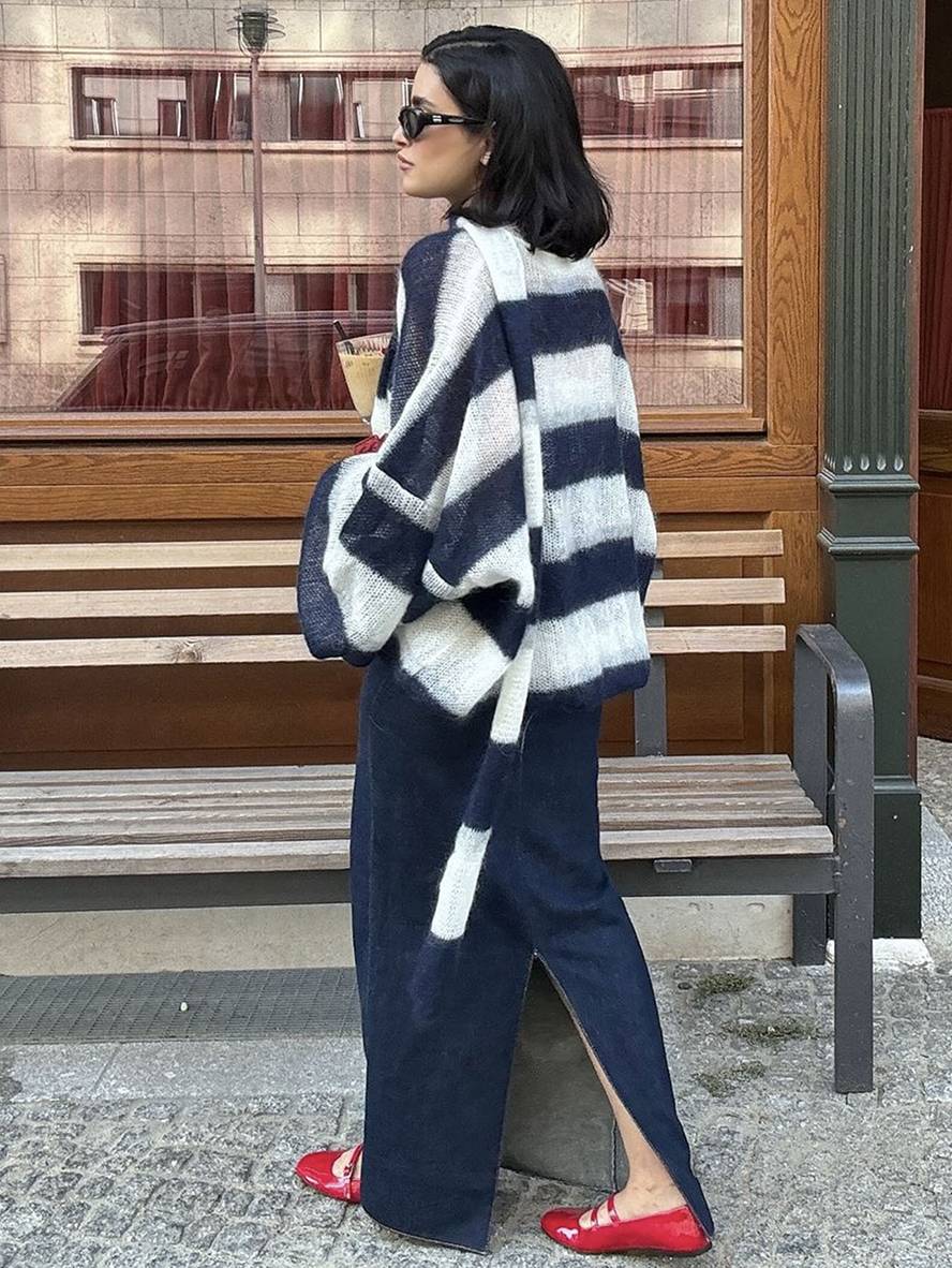 Heidi-Mode | Pullover Cardigans Gestreift Knopfleiste Taschen V-Ausschnitt Langarm Damen Elegant Lässig Weit