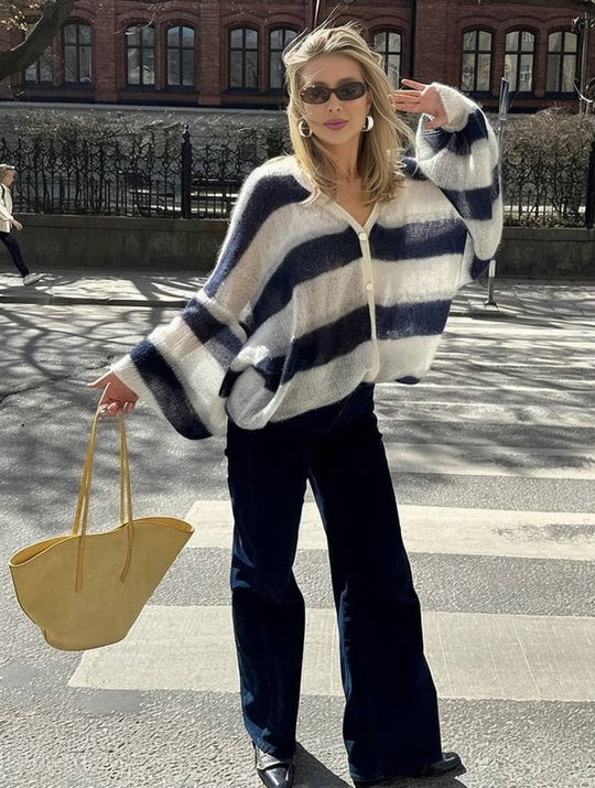 Heidi-Mode | Pullover Cardigans Gestreift Knopfleiste Taschen V-Ausschnitt Langarm Damen Elegant Lässig Weit