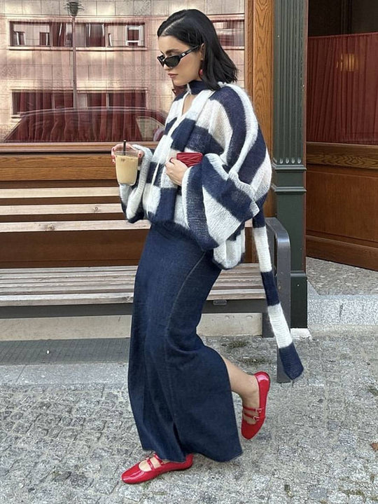Heidi-Mode | Pullover Cardigans Gestreift Knopfleiste Taschen V-Ausschnitt Langarm Damen Elegant Lässig Weit