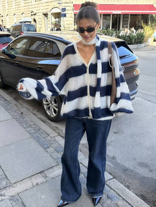 Heidi-Mode | Pullover Cardigans Gestreift Knopfleiste Taschen V-Ausschnitt Langarm Damen Elegant Lässig Weit
