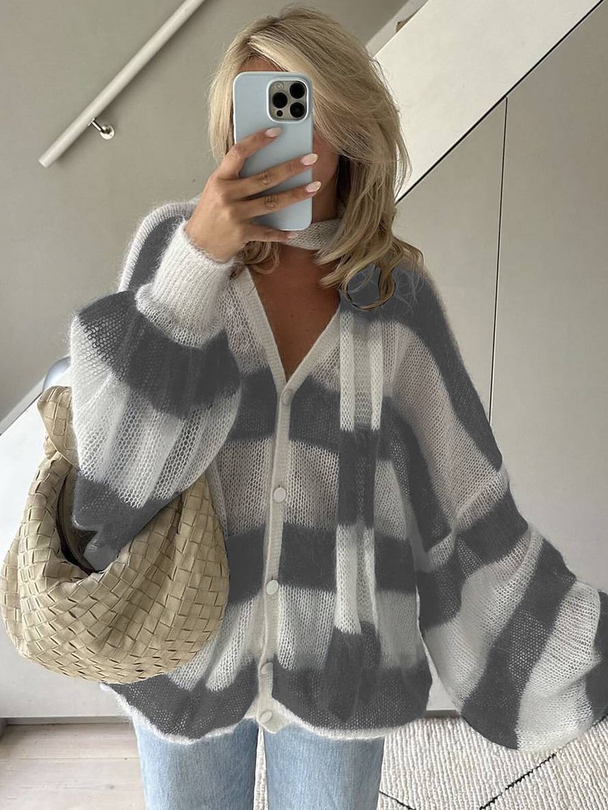 Heidi-Mode | Pullover Cardigans Gestreift Knopfleiste Taschen V-Ausschnitt Langarm Damen Elegant Lässig Weit