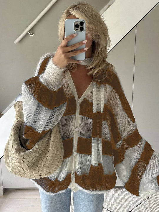 Heidi-Mode | Pullover Cardigans Gestreift Knopfleiste Taschen V-Ausschnitt Langarm Damen Elegant Lässig Weit