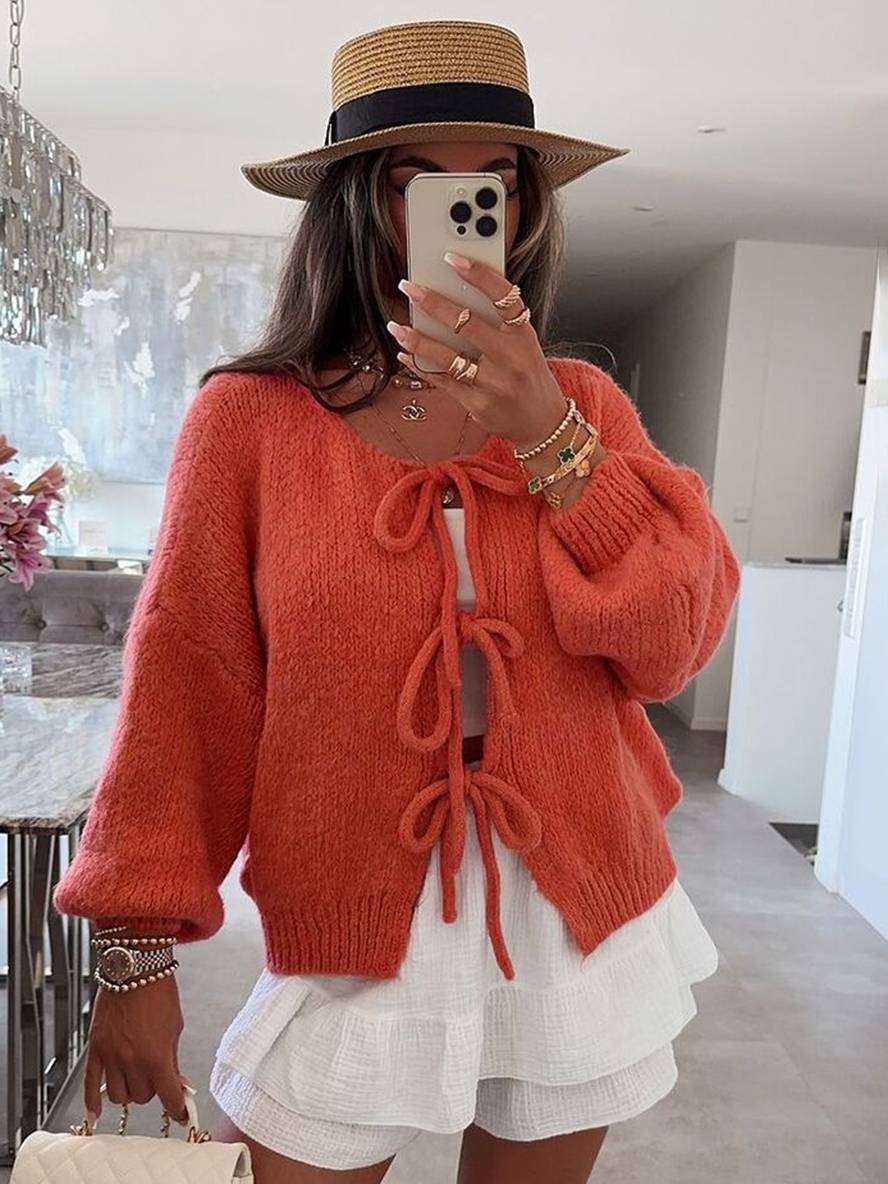 Heidi-Mode | Cardigan aus Grober, Einfarbiger Masche mit Schleife, Rundhals, Fallenden Schultern, Eleganter, Lässiger, Lockerer Pullover
