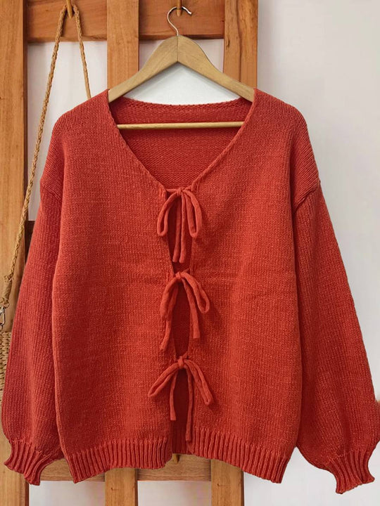 Heidi-Mode | Cardigan aus Grober, Einfarbiger Masche mit Schleife, Rundhals, Fallenden Schultern, Eleganter, Lässiger, Lockerer Pullover