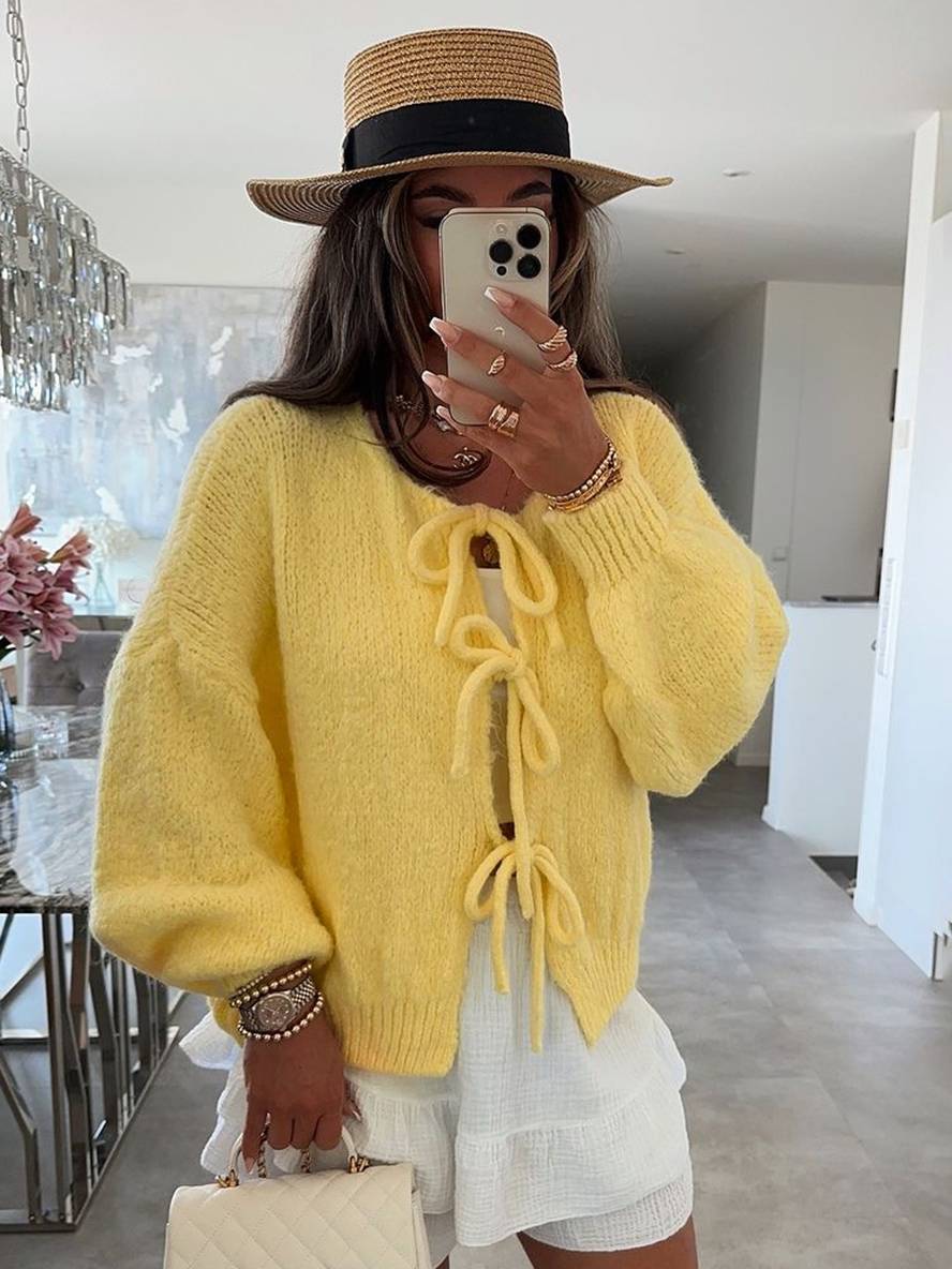 Heidi-Mode | Cardigan aus Grober, Einfarbiger Masche mit Schleife, Rundhals, Fallenden Schultern, Eleganter, Lässiger, Lockerer Pullover