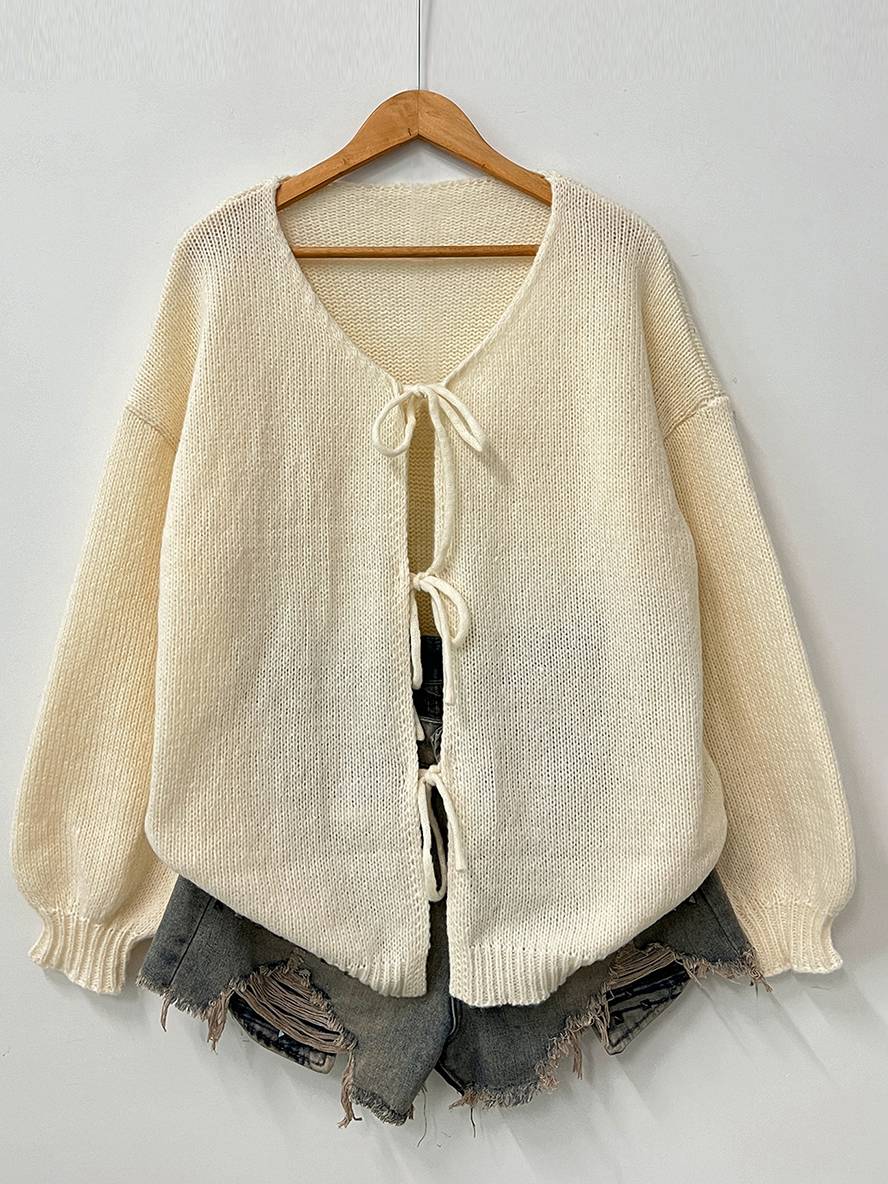 Heidi-Mode | Cardigan aus Grober, Einfarbiger Masche mit Schleife, Rundhals, Fallenden Schultern, Eleganter, Lässiger, Lockerer Pullover