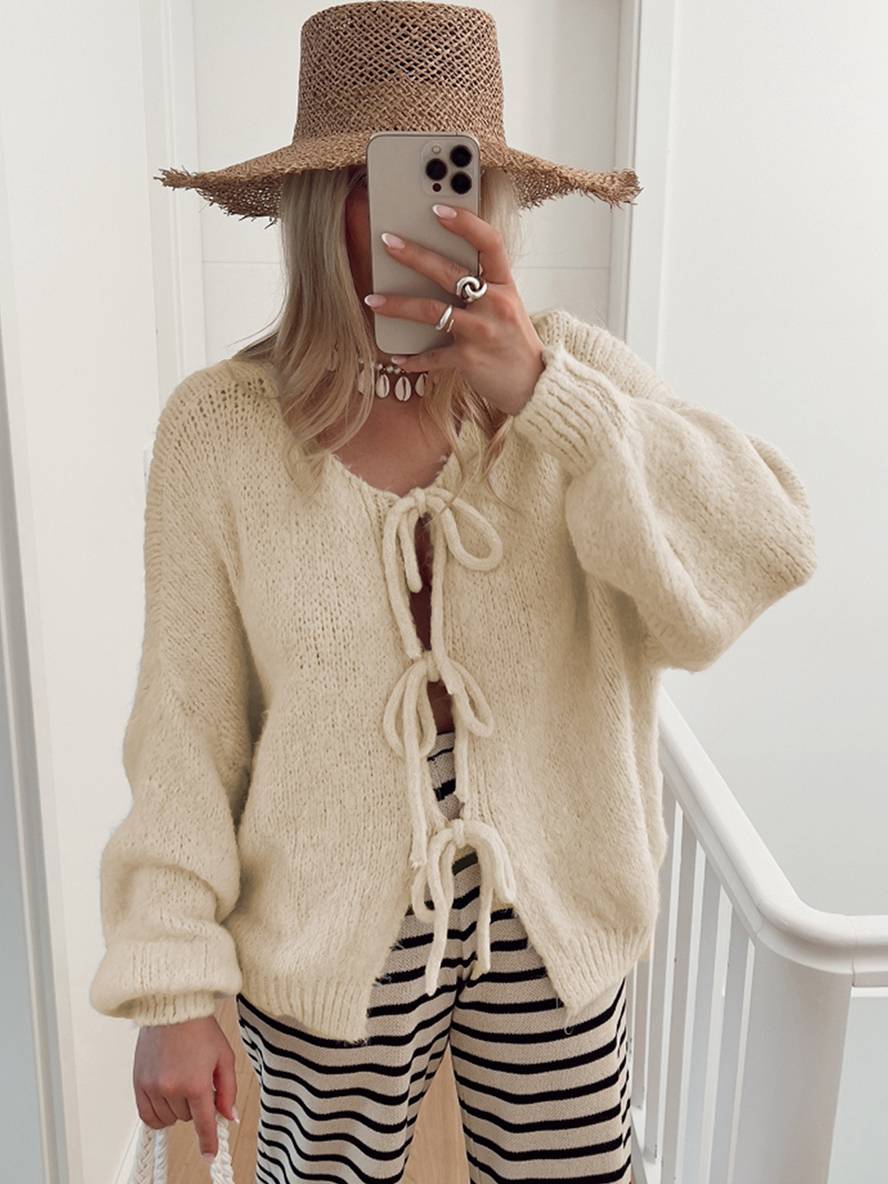 Heidi-Mode | Cardigan aus Grober, Einfarbiger Masche mit Schleife, Rundhals, Fallenden Schultern, Eleganter, Lässiger, Lockerer Pullover