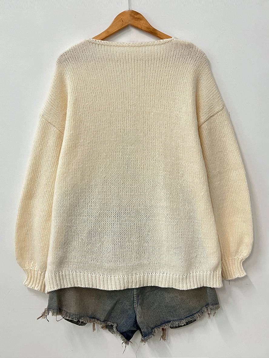 Heidi-Mode | Cardigan aus Grober, Einfarbiger Masche mit Schleife, Rundhals, Fallenden Schultern, Eleganter, Lässiger, Lockerer Pullover