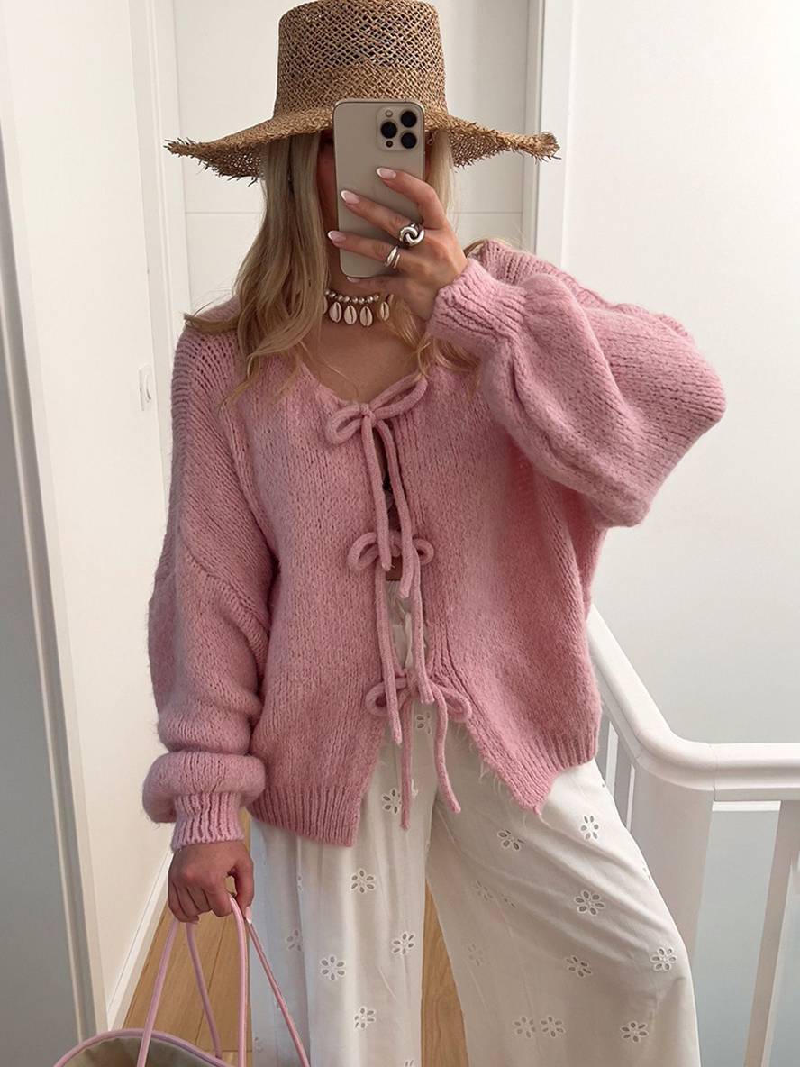 Heidi-Mode | Cardigan aus Grober, Einfarbiger Masche mit Schleife, Rundhals, Fallenden Schultern, Eleganter, Lässiger, Lockerer Pullover