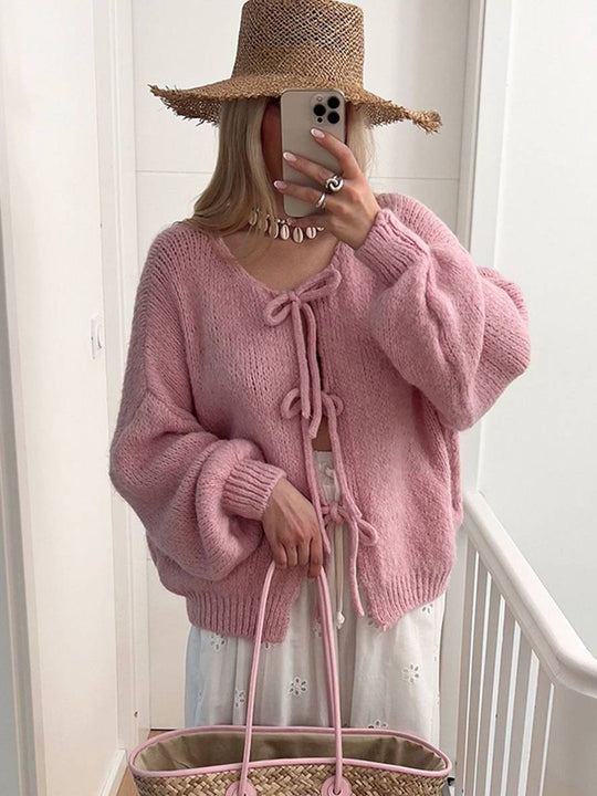 Heidi-Mode | Cardigan aus Grober, Einfarbiger Masche mit Schleife, Rundhals, Fallenden Schultern, Eleganter, Lässiger, Lockerer Pullover