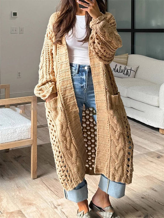 Heidi-Mode | Cardigan aus Grobem Strick V-Ausschnitt Taschen Lange Ärmel Damen Lässig Weit Oversized Casual Pullover