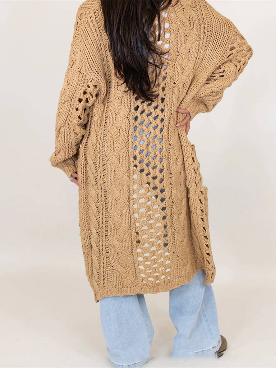 Heidi-Mode | Cardigan aus Grobem Strick V-Ausschnitt Taschen Lange Ärmel Damen Lässig Weit Oversized Casual Pullover