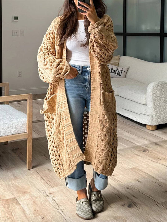 Heidi-Mode | Cardigan aus Grobem Strick V-Ausschnitt Taschen Lange Ärmel Damen Lässig Weit Oversized Casual Pullover