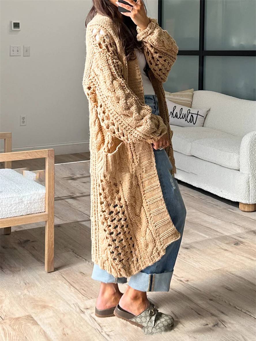 Heidi-Mode | Cardigan aus Grobem Strick V-Ausschnitt Taschen Lange Ärmel Damen Lässig Weit Oversized Casual Pullover