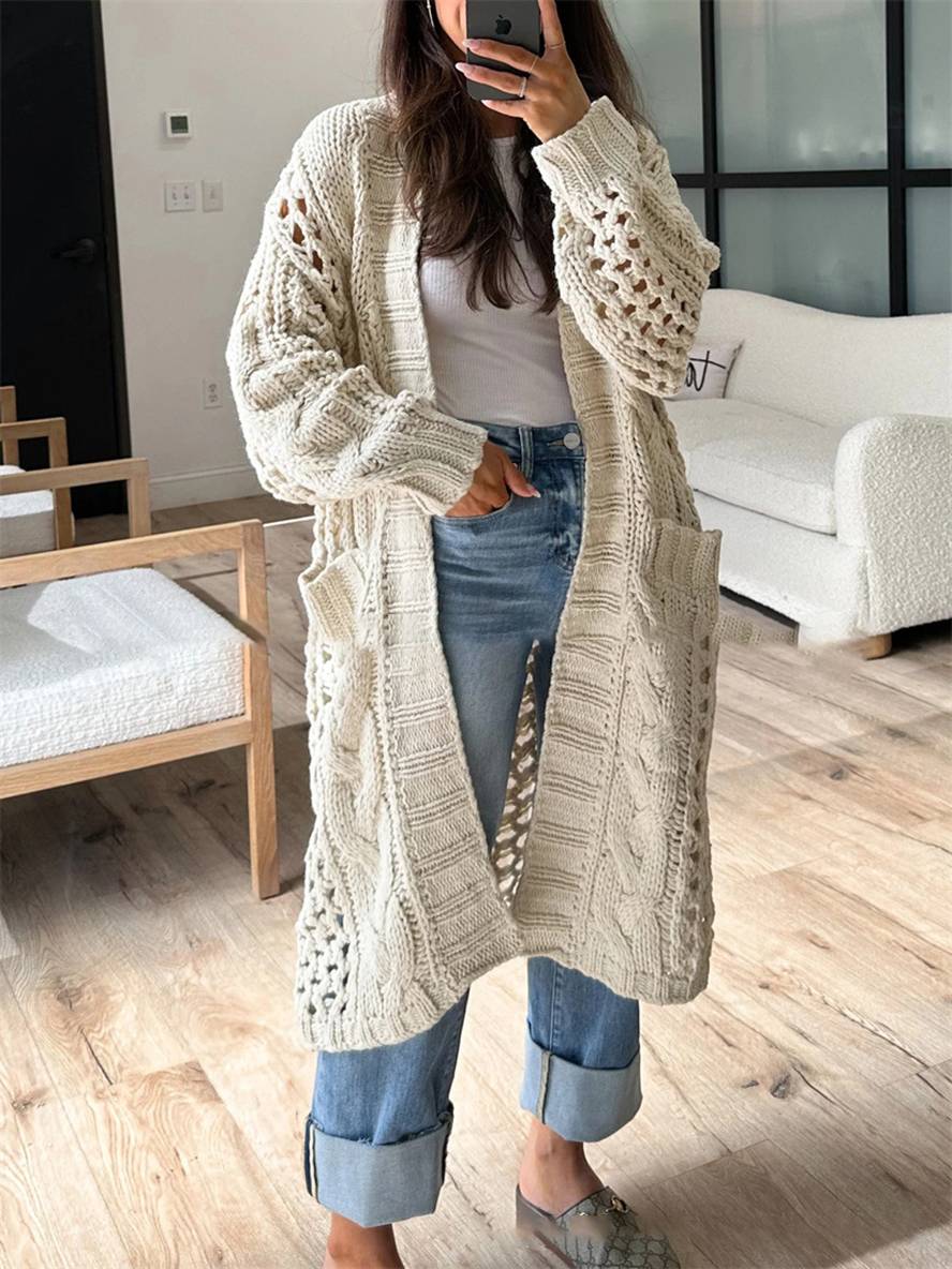 Heidi-Mode | Cardigan aus Grobem Strick V-Ausschnitt Taschen Lange Ärmel Damen Lässig Weit Oversized Casual Pullover