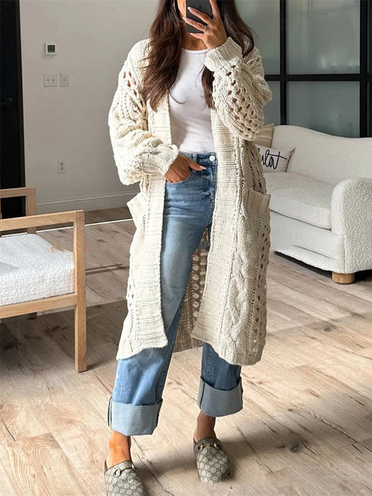 Heidi-Mode | Cardigan aus Grobem Strick V-Ausschnitt Taschen Lange Ärmel Damen Lässig Weit Oversized Casual Pullover