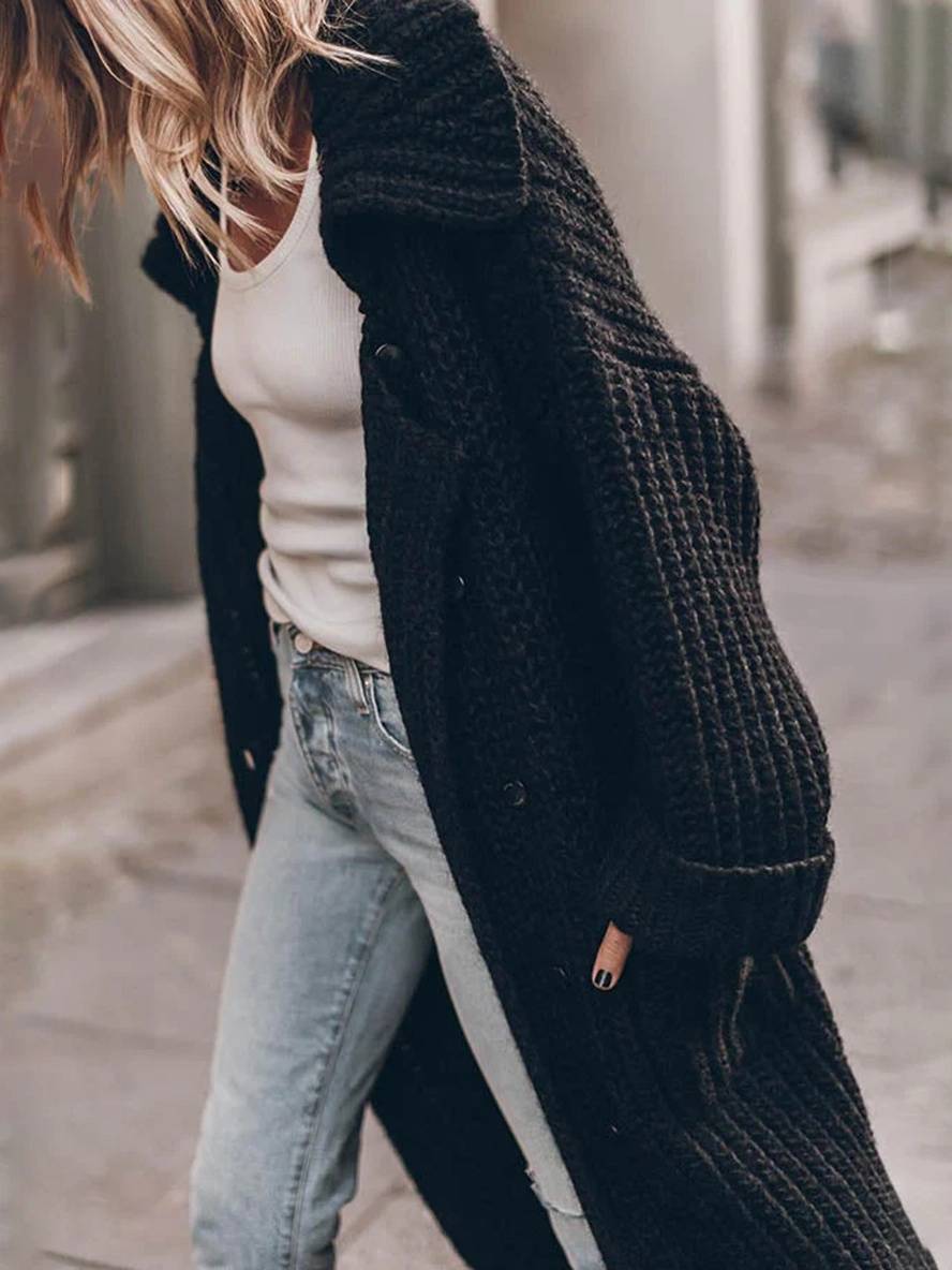 Heidi-Mode | Pullover Cardigans Unicolor Knopf Taschen Reverskragen Langarm Frauen Lässig Locker Oversized Jacke